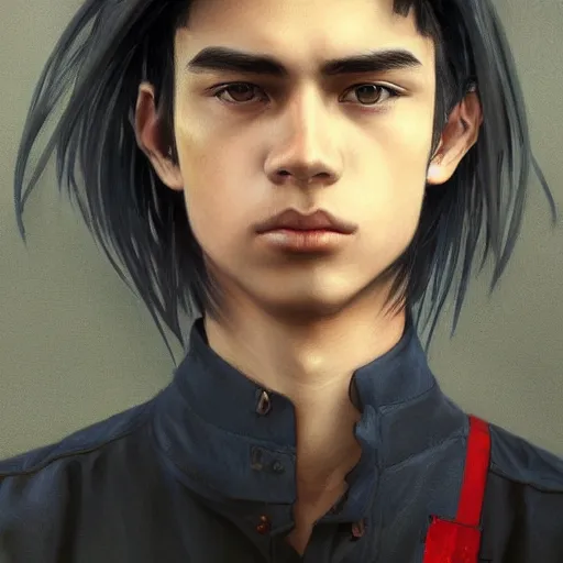 Prompt: teenager boy with straight indigo hair, purple eyes with red eye markers, slim body, wearing japanese combat clothes, black and red details. modern, realistic, looking at the camera, enjoying life!!! elegant, highly detailed, digital painting, artstation, concept art, matte, sharp focus, illustration, art by artgerm and greg rutkowski and alphonse mucha