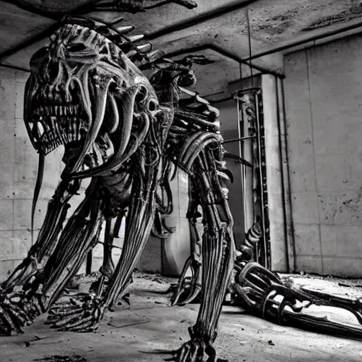 Prompt: a biomechanical tripedal creature designed by giger, horrifying, in an abandoned basement