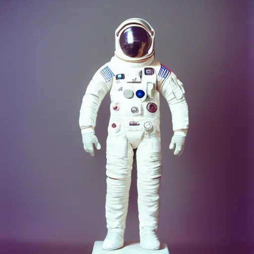 Prompt: Studio photography of a marble sculpture astronaut with light grey background, 35mm shot on color film photography