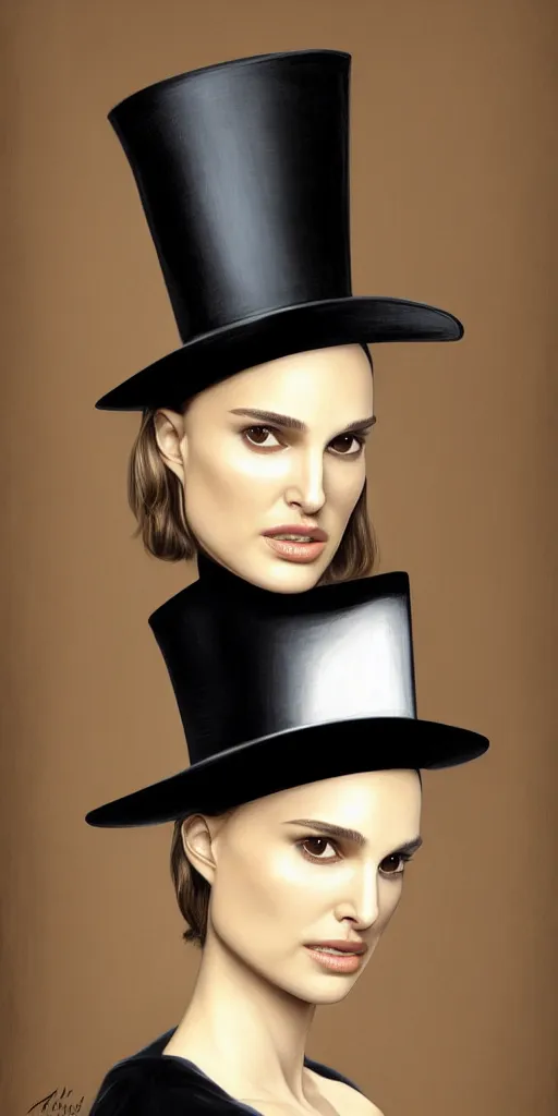 Prompt: Natalie Portman, wearing a top hat, very detailed portrait, ultrarealistic, dramatic lighting, electrical details, high details, 4k, 8k, best, accurate, trending on artstation, fur, artstation, photorealism, ultrarealistic, digital painting, style of Dali, Caravaggio, Boris Vallejo