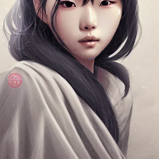 Image similar to korean female human, half wookie, jedi master, wearing the traditional jedi robe, beautiful and uniquely odd looking, detailed symmetrical close up portrait, intricate complexity, in the style of artgerm and ilya kuvshinov, magic the gathering, star wars art