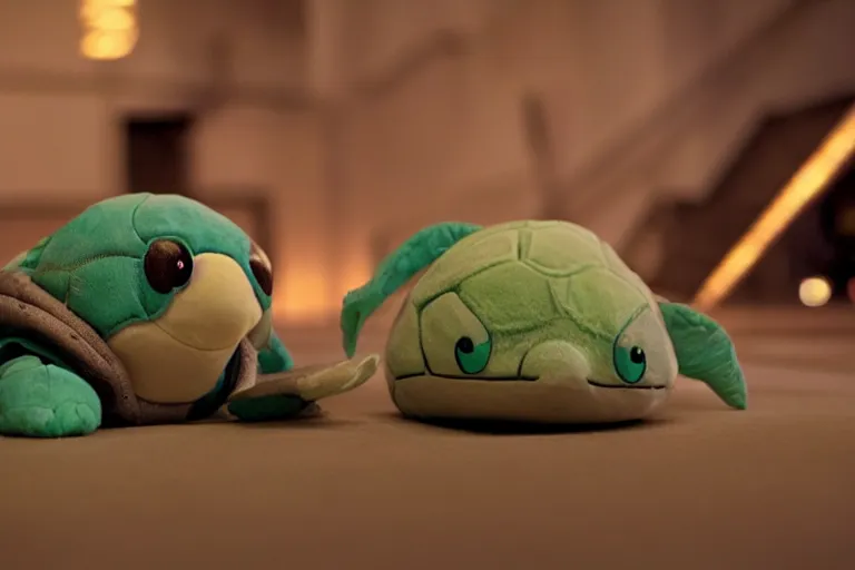 Prompt: cute turtle plushie in cyberspace, in 2 0 5 5, y 2 k cybercore, industrial low - light photography, still from a ridley scott movie