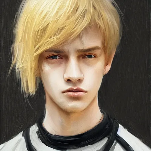 Image similar to Portrait of a man by Greg Rutkowski, he is about 20 years old, west slav features, short blonde hair with bangs, attractive, smart looking, slim, somewhat androgenic, he is wearing a white and black utilitarian jumpsuit, highly detailed portrait, scifi, digital painting, artstation, concept art, smooth, sharp foccus ilustration, Artstation HQ