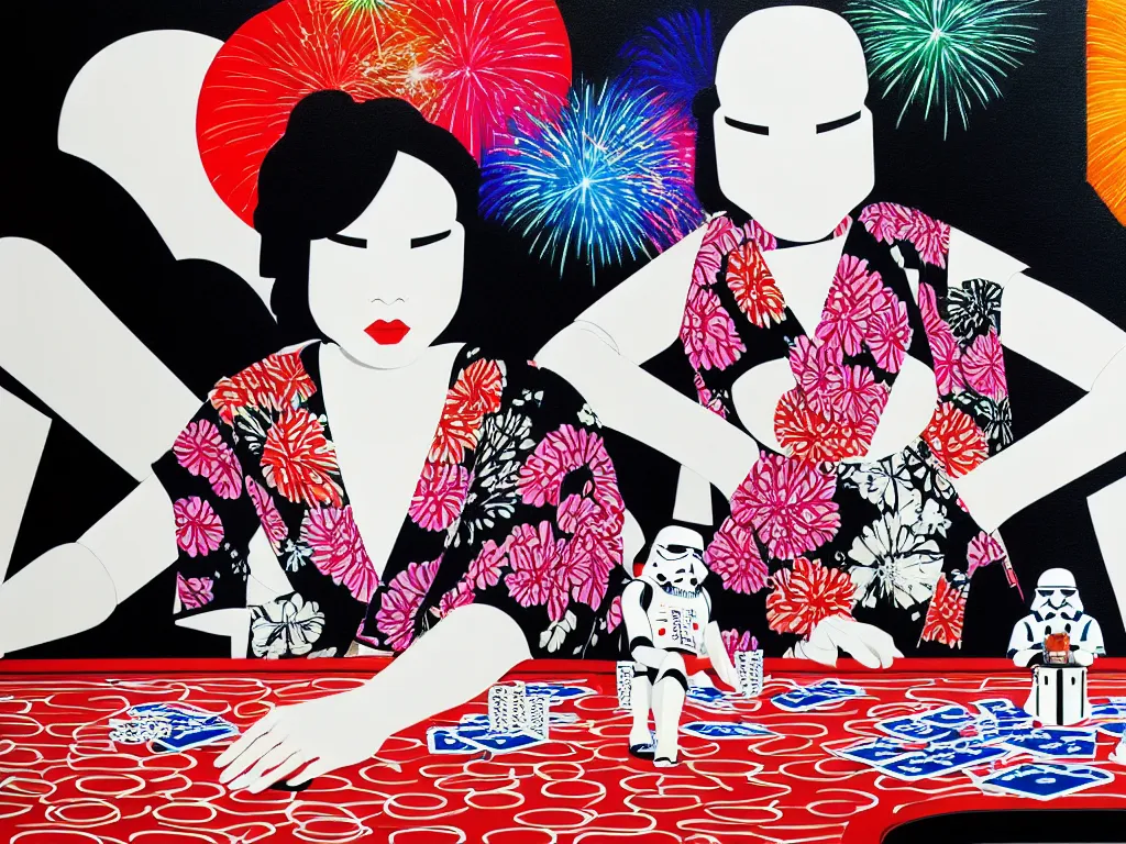 Image similar to hyperrealism composition of the detailed single woman in a japanese kimono sitting at an extremely detailed poker table with stormtrooper, fireworks, river on the background, pop - art style, jacky tsai style, andy warhol style, acrylic on canvas