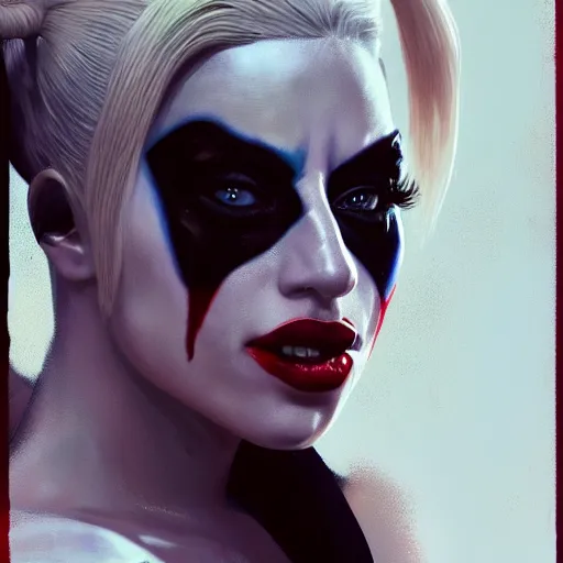 Image similar to a close up of lady Gaga as Harley Quinn by Greg Rutkowski, Sung Choi, Mitchell Mohrhauser, Maciej Kuciara, Johnson Ting, Maxim Verehin, Peter Konig, Zack Snyder, 8k photorealistic, cinematic lighting, HD, high details, dramatic, trending on artstation, full body shot