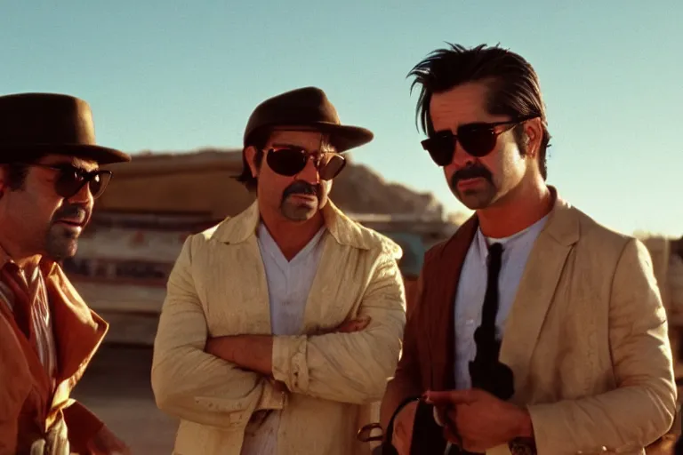 Prompt: cinematic still of colin farrell as raoul duke and javier bardem as dr gonzo in