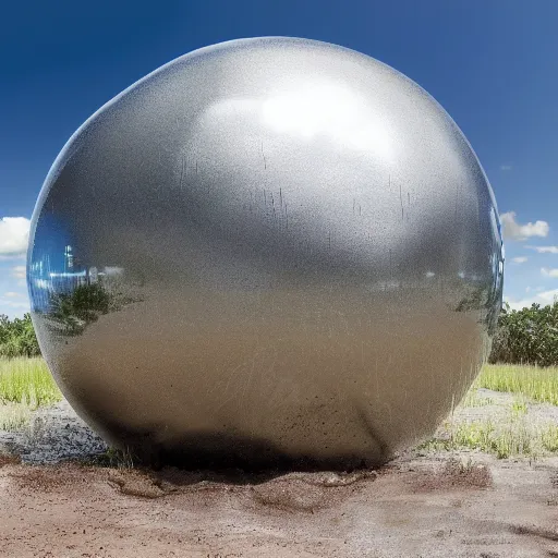 Prompt: a large metallic ball with a mirror finish sits in the florida everglades covered in mud, photorealistic