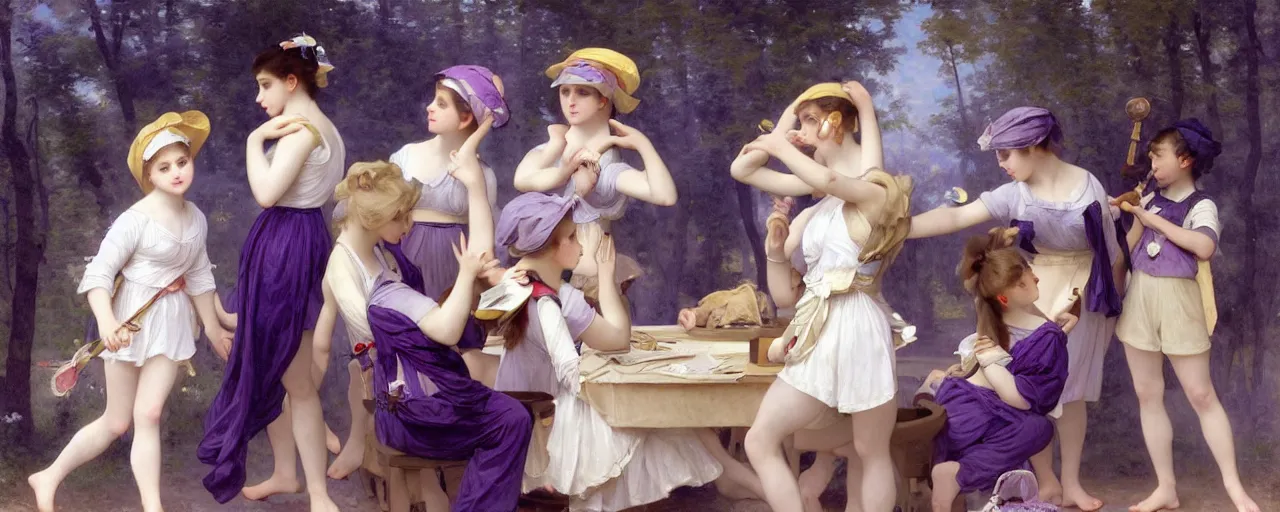 Image similar to A character sheet of full body cute magical girls with short blond hair wearing an oversized purple Beret, Baggy Purple overall shorts, Short Puffy pants made of silk, pointy jester shoes, a big billowy scarf, Golden Ribbon, and white leggings Covered in stars. Short Hair. Art by william-adolphe bouguereau and Paul Delaroche and Alexandre Cabanel and Lawrence Alma-Tadema and WLOP and Artgerm. Sunlit. 4K. UHD. Denoise.