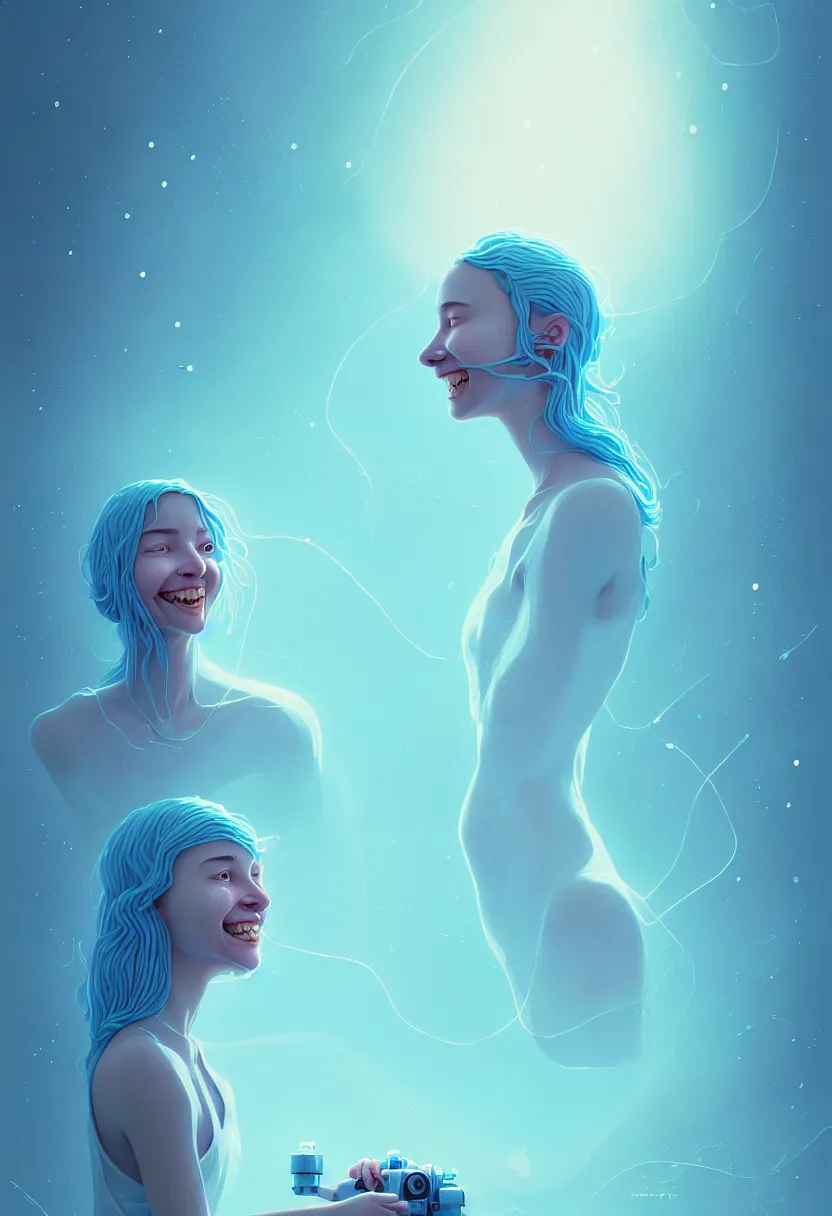 Image similar to young woman smiling in etheric hypothalamus of her mind, in a light blue color palette of cosmic spring, flowing, intricate, beautiful render, award winning photography, by simon stalenhag and wlop and artgerm, beautiful illustration