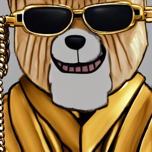 Image similar to a very detailed, 4 k, painting of freddy fazbear wearing shades and a gold chain