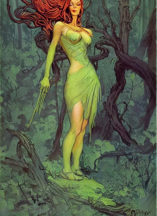 Image similar to mighty fey queen, vine dress, glowing forest, strong line, eerie color, beautiful! coherent! by frank frazetta, by brom