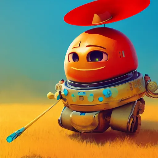 Image similar to full body portrait of a round robot with a moustache wearing hat, painting a canvas, big head, high detail, beautiful light, depth of field, sharp focus, clean design, 4 k, pixar, colorful, octane render