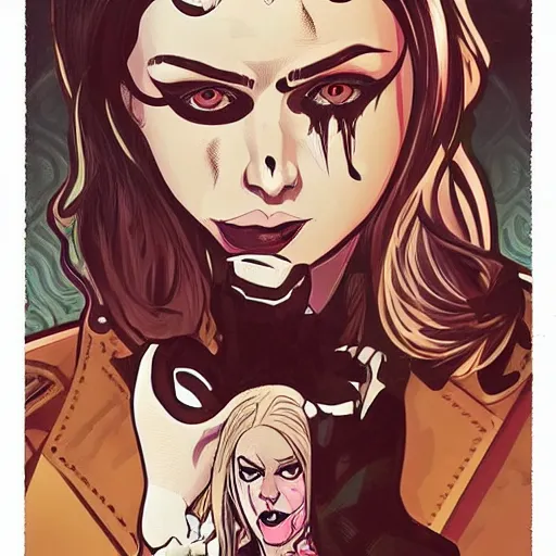 Prompt: Jamie McKelvie comic art, loish, Alphonse Mucha, pretty female Samara Weaving vampire, very sharp vampire fangs teeth, bloody blood on face face, sarcastic smile, symmetrical eyes, symmetrical face, brown leather jacket, jeans, long black hair, full body, bright colors, highly saturated