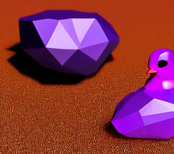 Image similar to shiny gemstone in the shape of a low - poly rubber duck floating in a pool of purple perfume, photorealism, mystical, enigmatic, digital oil painting, trending on artstation