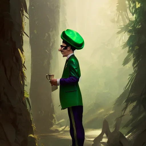 Image similar to man, Wearing green suit, Wearing green tophat, wearing purple undershirt, wearing shades, drinking tea, by Viktor Antonov,, greg rutkowski, fantasy, D&D, trending on artstation, smooth, sharp focus