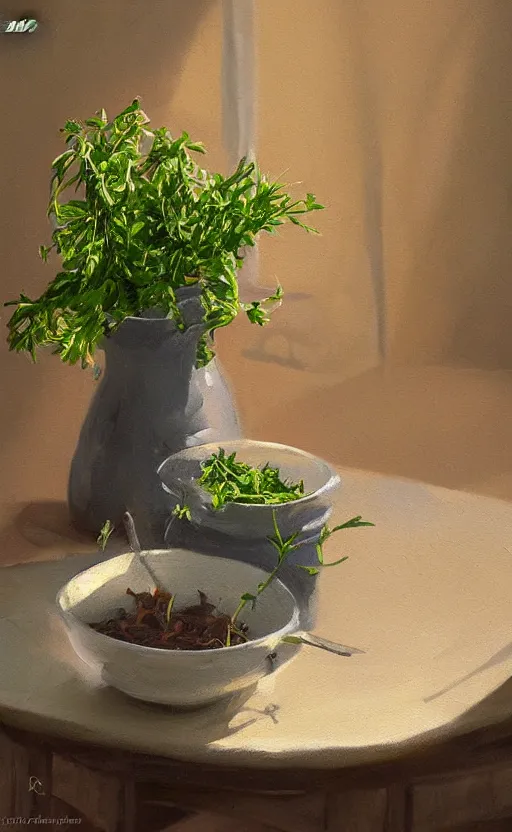 Image similar to dried herbs and scissors on the table, dittany in a small pot, on wooden table in the ray of sunshine, oil painting, sharp focus, high detailed, calm, warm lighting, sparkles, digital art, concept art, by Rutkowsky, baroque