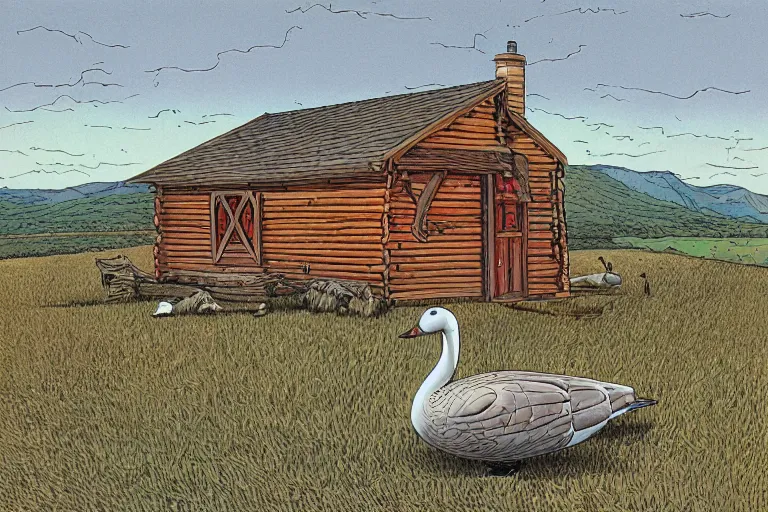 Image similar to country road cabin goose by moebius