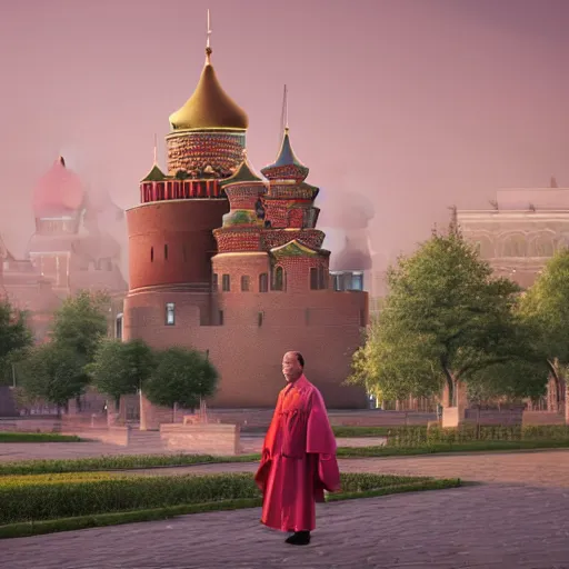 Image similar to chinese - style kremlin and chinese st. basil's cathedral on wide stone square at gentle dawn, a huge portrait of mao on the kremlin wall, at gentle dawn pink light, rossdraws, artgerm, norman rockwell, emiliano ponzi, epic composition, hd, octane, unreal engine, volumetric lighting, light rays, masterpiece, award - winning