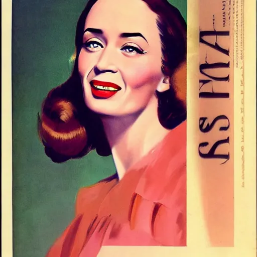 Prompt: “Emily Blunt portrait, color vintage magazine illustration 1950”