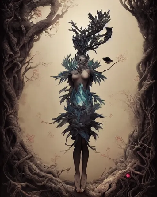 Image similar to fantasy portrait of a woman made of obsidian and smoke, carved Japanese Sakura wood organic overgrowth, holding nevermore, peter mohrbacher, artgerm, James Jean