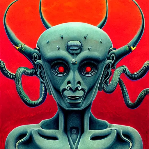 Image similar to naraka buddhist alien demon korean, thailand art, tubular creature, blood vessels, blue eyes, black energy, dystopian surrealism, zdzisław beksinski, symmetry accurate features, very intricate details, high resolution, symmetrical long head, smooth marble surfaces, detailed ink illustration, robot, metal gear, cinematic smooth stone, deep aesthetic, concept art