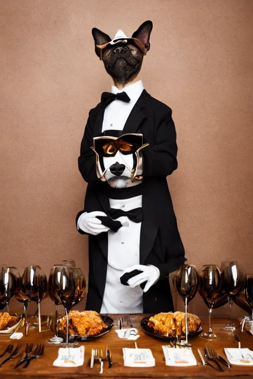 Image similar to a dog - headed waiter at the reception of a fancy restaurant