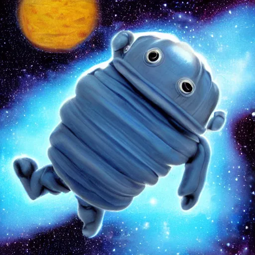 Prompt: a blue tardigrade floating in space, realistic