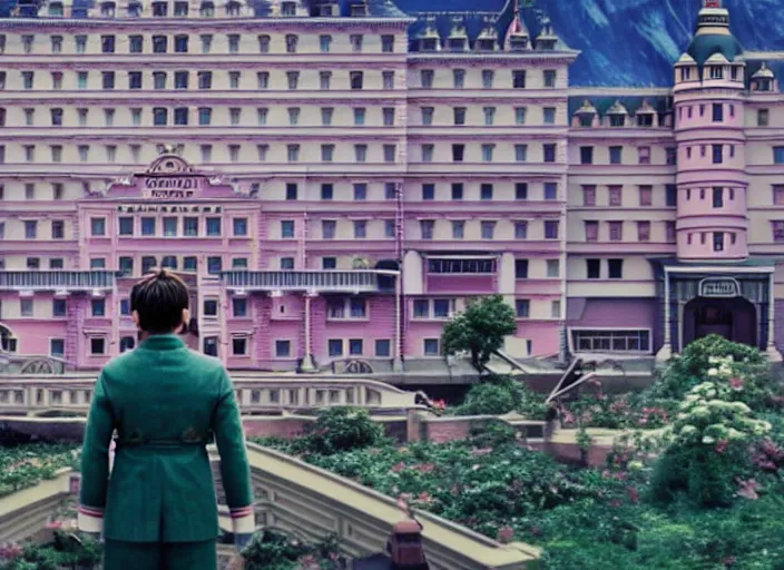 Image similar to a film still of midoriya in the grand budapest hotel ( 2 0 1 4 ), 4 k