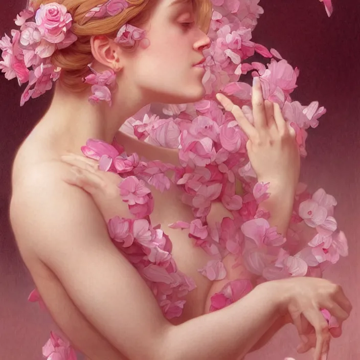 Image similar to pink petals with a shape of a human body, intricate, elegant, highly detailed, wonderful eyes, sweet, digital painting, artstation, concept art, smooth, sharp focus, illustration, art by artgerm and greg rutkowski and alphonse mucha and william - adolphe bouguereau