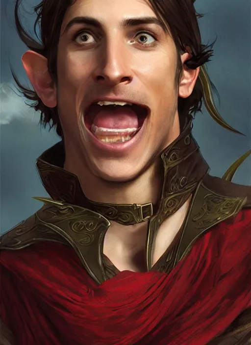 Prompt: medium-length portrait of a male elven dashing swashbuckler with dark hair and brown eyes fair skin, cocky expression, laughing, elf, wears a ostentatious bright red longcoat, pirate setting, highly detailed, digital painting, artstation, concept art, sharp focus, illustration, art by greg rutkowski and alphonse mucha