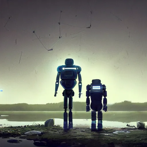 Prompt: Beautiful cinematic scene of a couple of two damaged and broken humanoid robots standing near a river, at night, peaceful, science fiction, award-winning, cinematic lighting, insanely detailed, very realistic, Artstation, Cgsociety, by Simon Stalenhag, directed by Denis Villeneuve, filmic