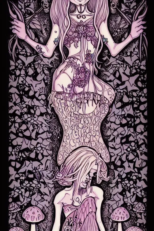 Image similar to a gothic fairy surrounded by skulls and mushrooms, fantasy graphic novel style, by wendy pini, intricate, fine inking lines, extremely detailed, flat colors