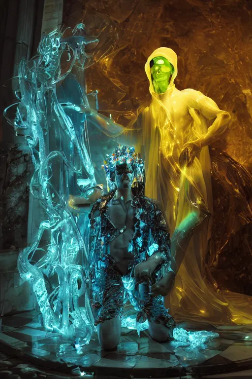 Image similar to photo of fullbody rococo and cyberpunk delicate neon crystalline sculpture of seductive muscular onyx albino marble prince nick jonas teal iridescent humanoid deity wearing yellow plastic hooded cloak holding an onyx skull in a onyx space dungeon, reclining, glowing yellow face, crown of white diamonds, cinematic lighting, photorealistic, octane render 8 k depth of field 3 d