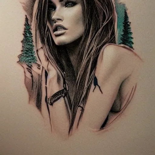 Prompt: double exposure tattoo design sketch of megan fox with beautiful mountain scenery, hyper - realistic, in the style of den yakovelev, amazing detail, sharp