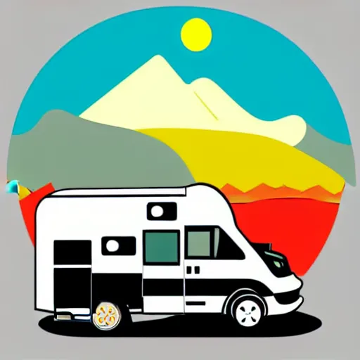 Prompt: minimal vector art sticker of a white and black cute thor chateau! motorhome camper!!, highway, mountains and colorful sunset!!, dramatic, warm bright colors, thick lines, very minimal vector art, sticker!! by tom whalen