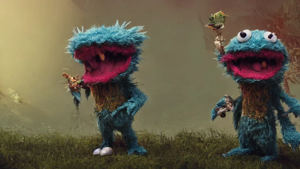 Prompt: 3 d model of a furry adorable sinister muppet monster by jim henson and alexander jansson : 1 | spectral color, electric color, rolling hills : 0. 9 | fantasy : 0. 9 | by dave melvin : 0. 4 | unreal engine, deviantart, artstation, octane, finalrender, concept art, hd, 8 k resolution : 0. 8