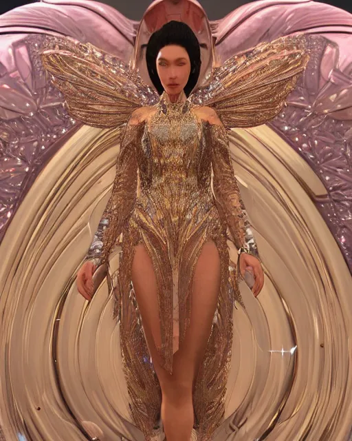 Image similar to a highly detailed metahuman 8 k close up render of bella hadid renaissance in iris van herpen dress schiaparelli in diamonds crystals swarovski and jewelry iridescent in style of alphonse mucha gustav klimt trending on artstation made in unreal engine 4