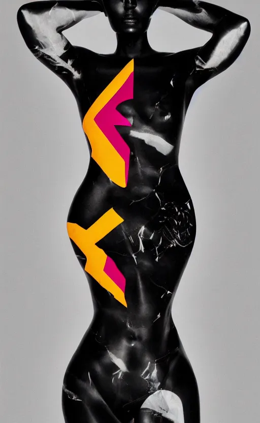 Image similar to extremely beautiful female black marble statue in the style of virgil abloh, colorful motocross logos behind her, sharp focus, clear, detailed,, cinematic, detailed, off white, glamourous, symmetrical, vogue, editorial, fashion, magazine shoot, glossy