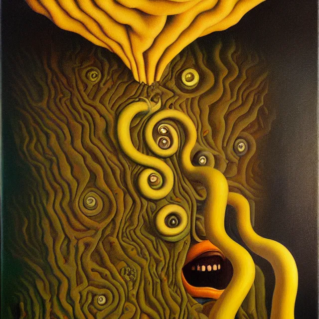 Prompt: an oil on canvas portrait painting, polycount, surrealism, surrealist, lovecraftian, cosmic horror, grant wood, gustav klimt, high detail