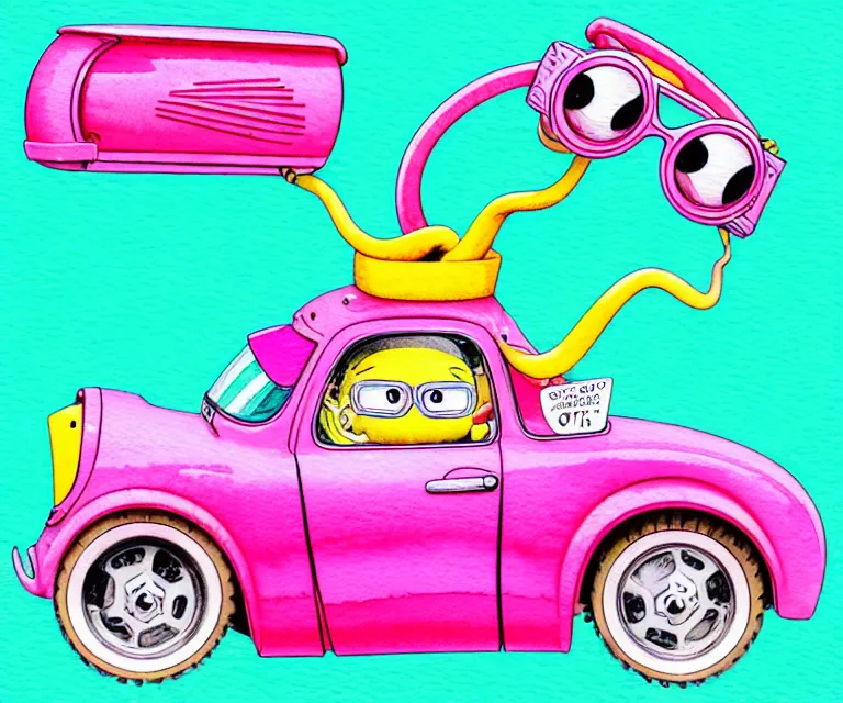 Image similar to cute and funny, pink colored squid wearing goggles riding in a tiny hot rod with oversized engine, ratfink style by ed roth, centered award winning watercolor pen illustration, isometric illustration by chihiro iwasaki, edited by range murata, tiny details by artgerm and watercolor girl, symmetrically isometrically centered