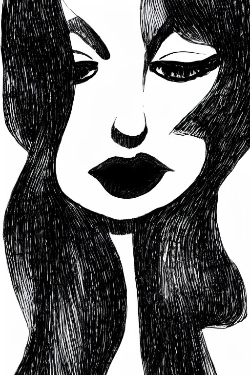 Image similar to ink lineart drawing of a beautiful woman, doll face, big lips, white background, etchings by goya, chinese brush pen, illustration, high contrast, deep black tones contour