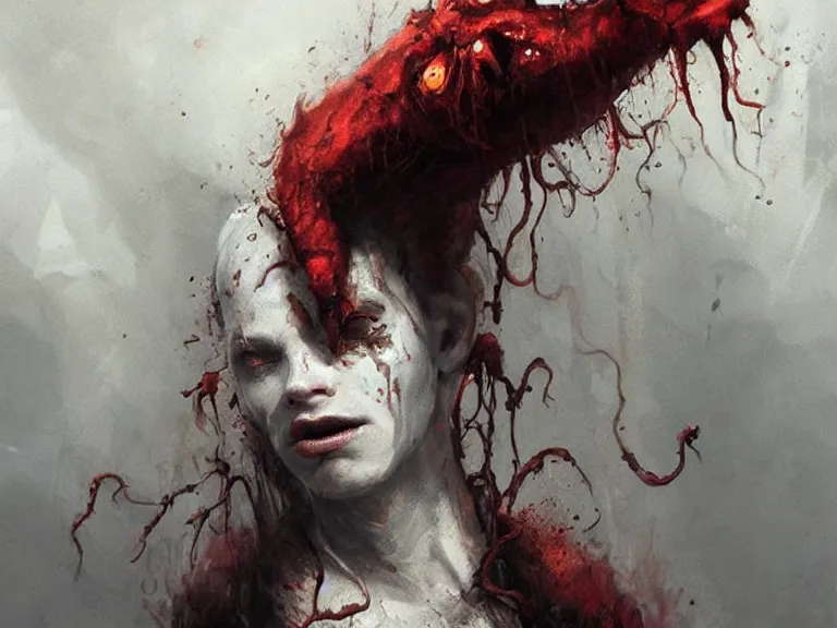 Image similar to painting by greg rutkowski a flying human head with tears running down it's face face that is chalk white in color, with long white!! tentacles!! coming out of the neck, fiery scorching red eyes, flying in a terrying hellish dark cavernous place