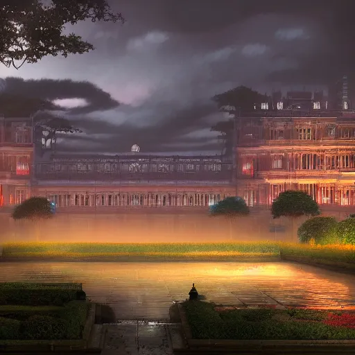 Prompt: beautiful render of glorious palace gardens, by lee madgwick and hubert robert, by liam wong, studio ghibli style, blade runner, vivid color, moody lighting, unreal engine, 4k hd wallpaper:4