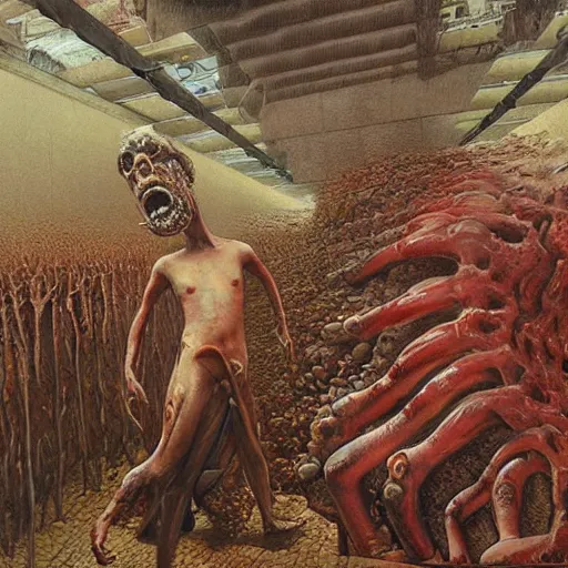 Image similar to paul blart as a mall made out of human flesh, biopunk, body horror, creative design, environmental artwork, oil on canvas, by zdzisław beksinski, marco mazzoni, peter gric