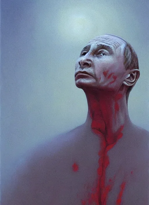 Image similar to Painting in a style of Beksinski featuring Vladimir Putin. Suffering and pain