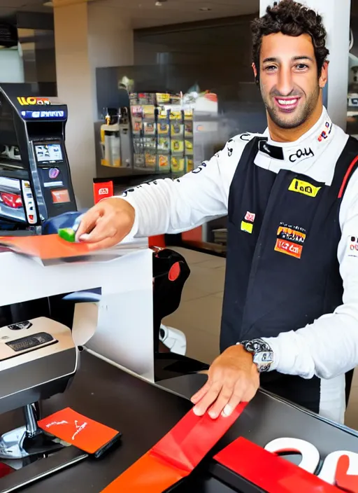 Prompt: photo of f 1 driver, daniel ricciardo, working as a cashier at mcdonalds