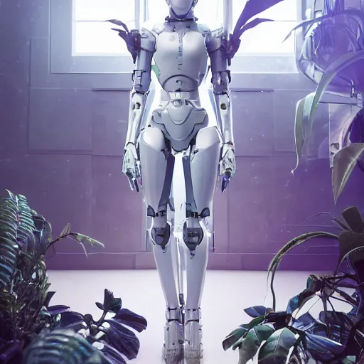 Image similar to 3 d doja cat wearing mecha armor and techwear clothing, in a room filled with beautiful house plants, futuristic, white, clean, bohemian, video game style, square enix style, beautiful colors, i robot colors, octane render, dynamic lighting, highly detailed, character art