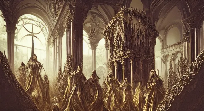 Image similar to photo of sacred blasphemous ritual of the undead, style of Peter Gric, lavish rococo baroque setting, fashion-photography, unholy ceremony, sacrilegious rite, evil, menacing, ominous, threatening, sinister, malevolent. Highly-detailed, photographic, cinematic, dramatic, establishing shot