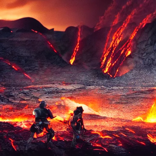 Prompt: movie still of an epic battle, lava in the background, highly-detailed, establishing shot, realistic