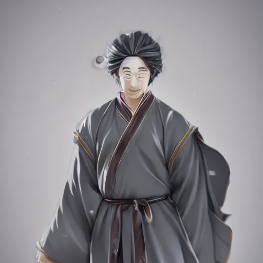 Image similar to photography of a smiling middle aged taoist priest in grey looks like zun long, anime waifu style character, clean soft lighting, backlit handsome face, clean brush stroke, 8 k character concept art, by wlop and artgerm, 3 d, yoji shinkawa